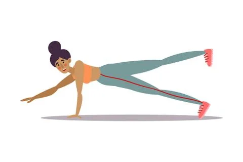 Cute young dark-haired trainer girl doing plank exercise in a gym. Vector Stock Illustration