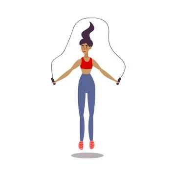 Cute young dark-haired trainer girl jumping rope in gym. Vector illustration in Stock Illustration