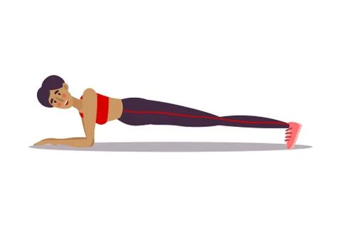 Cute young dark-haired trainer girl doing plank exercise pose in a gym. Vector Stock Illustration