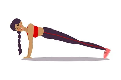 Cute young dark-haired trainer girl doing plank exercise pose in a gym. Vector Stock Illustration