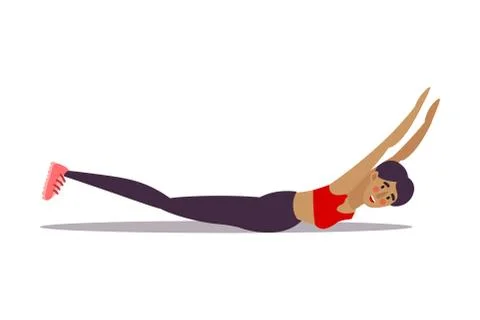 Cute young dark-haired trainer girl doing yoga exercise crocodile pose in a gym Stock Illustration