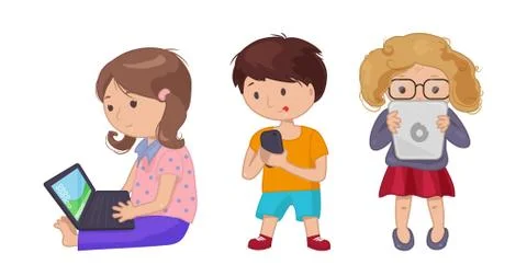 Cute young girl boy with computer laptop, tablet, e-book 스톡 일러스트