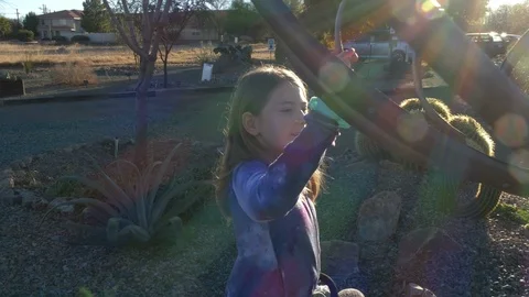 A cute young girl playing with a wind sculpture in the park Stock Footage 100711860