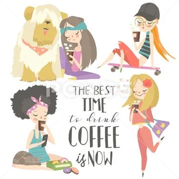 Cute young girls drinking coffee. Vector set Stock Illustration