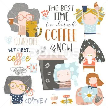 Cute young girls drinking coffee. Vector set Stock Illustration