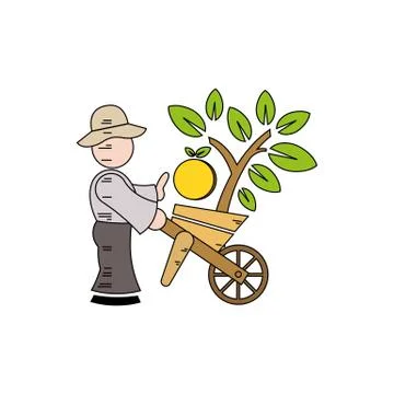 Cute young guy farmer with a big basket of vegetables showing thumbs up isola Stock Illustration