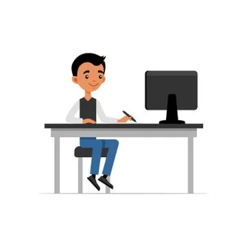 Cute Young Guy Sitting at Desk and Working on Computer. Flat Style Stock Illustration