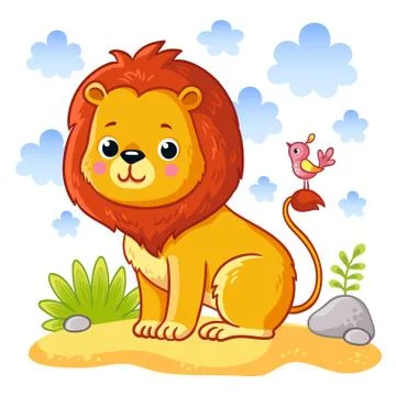 Cute young lion is sitting on a sand meadow. Vector illustration. Stock Illustration