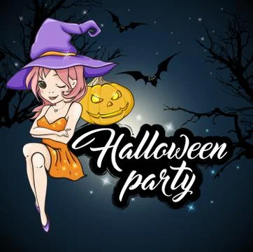 Cute young witch and pumpkin Stock Illustration