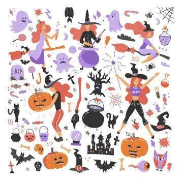 Cute young witch halloween set objects. Collection design element with femela Stock Illustration