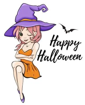 Cute young witch in hat Stock Illustration