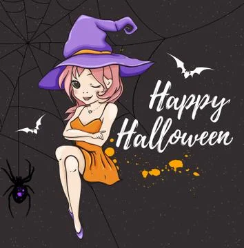 Cute young witch in violet hat Stock Illustration