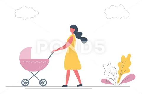 Cute young woman in yellow dress with a pink baby stroller Stock Illustration