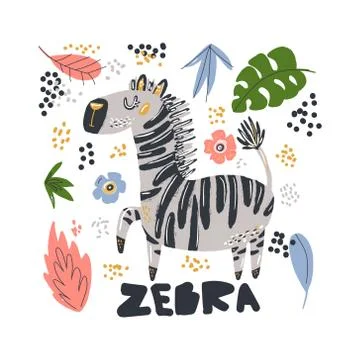 Cute zebra flat hand drawn illustration. African animal cartoon character wit Stock Illustration
