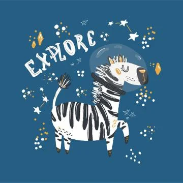 Cute zebra in space flat vector illustration. Zebra flat hand drawn space bac Illustrazione stock