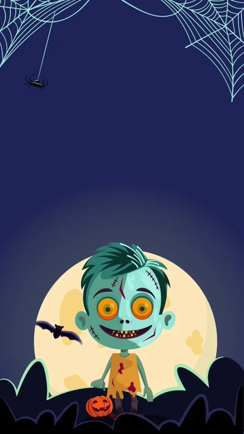 Cute zombie boy walking in full moon night halloween cartoon animation scene Stock Footage 286047071