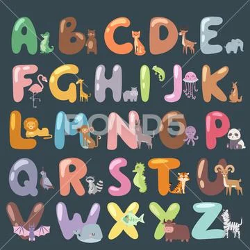 Cute zoo alphabet with cartoon animals isolated and funny letters wildlife learn Stock Illustration