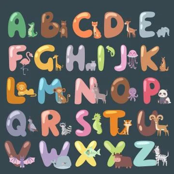 Cute zoo alphabet with cartoon animals isolated and funny letters wildlife learn Stock Illustration