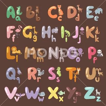 Cute zoo alphabet with cartoon animals isolated and funny letters wildlife learn Stock Illustration