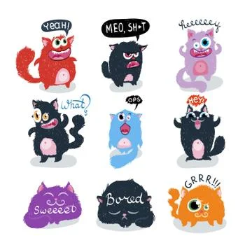 Cutest doodle monster cats. Vector elements collection Illustrazione stock