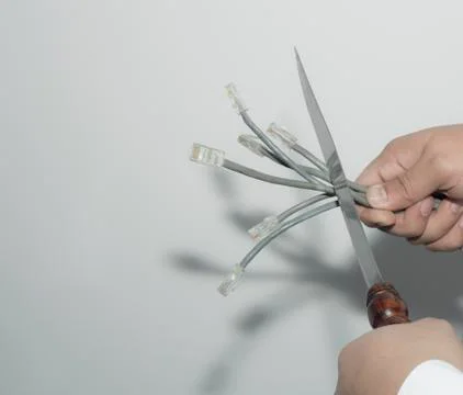 Cuting many computer cables on white background. Stock Photos