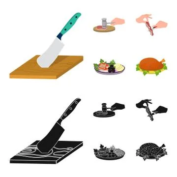 Cutlass on a cutting board, hammer for chops, cooking bacon, eating fish and Stock Illustration
