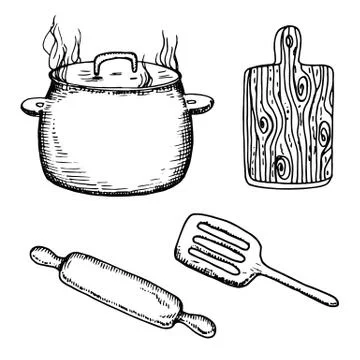 Cutlery and kitchenware set. pan, rolling pin and board. sketches isolated on Stock Illustration