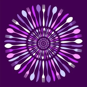 Cutlery circle mandala pattern over violet. Cutlery icons. Cutlery silhoue... Stock Photos