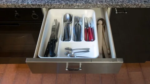 Cutlery in the drawer Stock Footage 85382403