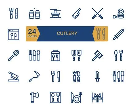 Cutlery Essential Vector Set including 24 Display Perfect Bold Line High Re.. Stock Illustration