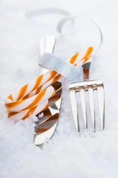 Cutlery with festive candy Stock Photos