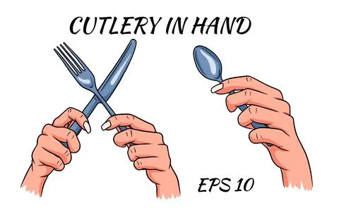 Cutlery. Fork, spoon and knife in hand. Cartoon style. A restaurant. Stock Illustration
