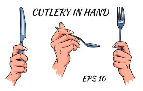 Cutlery. Fork, spoon and knife in hand. Cartoon style. A restaurant. Stock Illustration