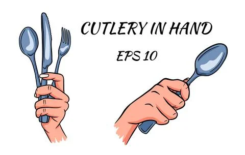 Cutlery. Fork, spoon and knife in hand. Cartoon style. A restaurant. Stock Illustration