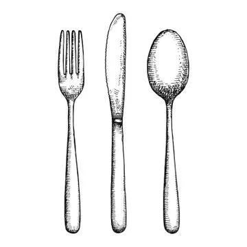 Cutlery hand drawing vector. isolated spoon fork and knife Stock Illustration