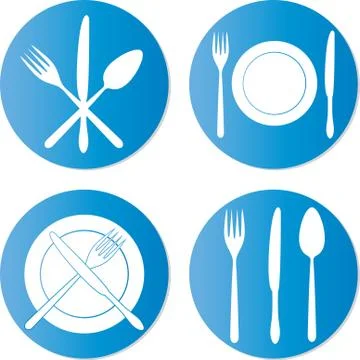 Cutlery icon set. Knife, fork, spoon and dish isolated on white background. Stock Illustration