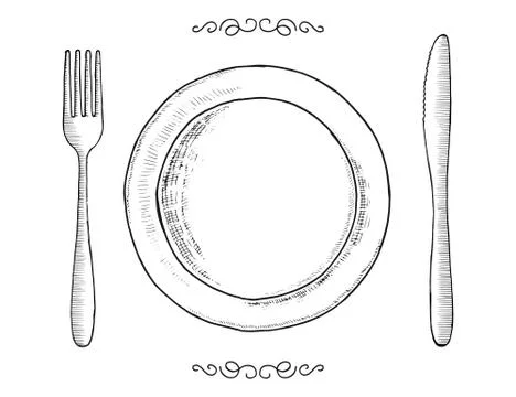 Cutlery isolated vintage. objects set fork plate and knife Stock Illustration
