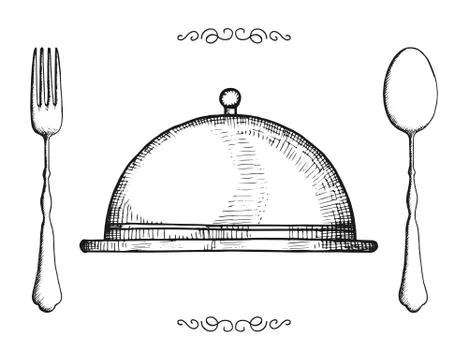 Cutlery isolated vintage. objects set tray-plate fork and spoon Stock Illustration