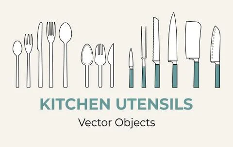Cutlery kitchen utensils vector isolated set. Spoons forks dinner kitchen knives Stock Illustration