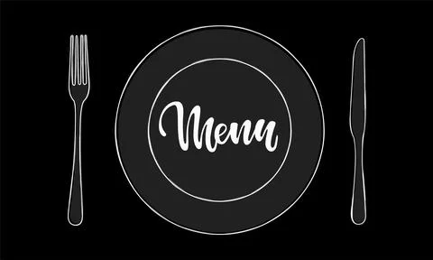 Cutlery knife, fork, plate vector doodle icons with lettering word menu. De.. Stock Illustration