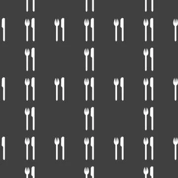 Cutlery, knife, fork web icon. flat design. Seamless gray pattern. Stock Illustration
