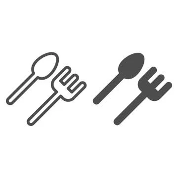Cutlery line and solid icon. Spoon and folk, disposable tableware. Plastic Stock Illustration