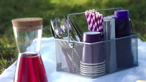 Cutlery in a picnic basket Stock Footage 223376418
