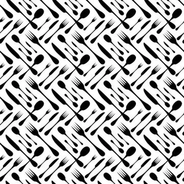 Cutlery seamless vector pattern. Silverware hand implements - spoon, knife and Stock Illustration