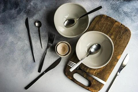 Cutlery set on concrete background Stock Photos