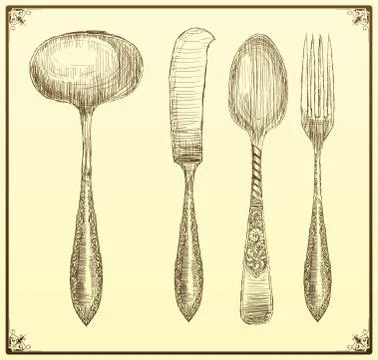 Cutlery set. Doodle style Stock Illustration