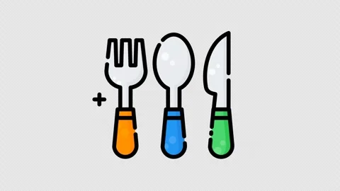 Cutlery set featuring orange fork blue spoon and green knife plus symbols Stock Footage 346130907