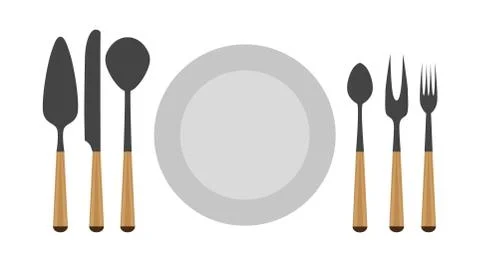 Cutlery set fork vector spoon knife isolated kitchen illustration plate table Stock Illustration