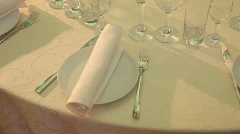 Cutlery set for party table on white tablecloth Stock Footage 48475755