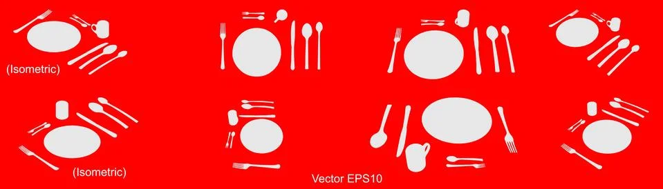 Cutlery set. Plate with spoon, knife, fork, teaspoon and cup. Stock Illustration
